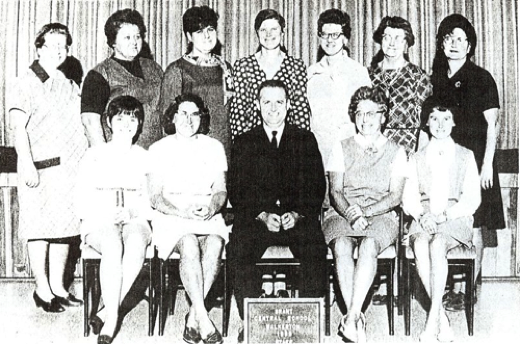 1967 - 1968
(Front L to R) Mrs. Weiler, Mrs. Tremble, Mr. Leatham, Mrs. Reuber, Mrs. Hargrave
(Back L to R) Mrs. Mighton, Mrs. Catto, Mrs. Bell, Mrs. Haourt, Mrs. Lorenz, Mrs. Thompson, 
Mrs. Webb
